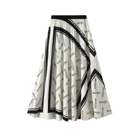 مجموعة أروين التجارية ARWEN & AJH GROUP  Version Half Length Skirt, Elastic Waist, Mid Length, Large Swing Umbrella, Hundred Pleated Letter Printing, Autumn