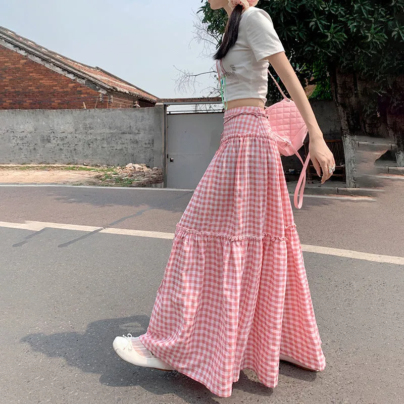 Amozae church outfit 2024 Summer New Pink Plaid Casual Umbrella Skirt Women's Niche Design Lace-up High Waist All-Match Fluffy Dress