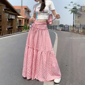 Amozae church outfit 2024 Summer New Pink Plaid Casual Umbrella Skirt Women's Niche Design Lace-up High Waist All-Match Fluffy Dress