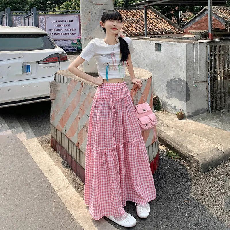 Amozae church outfit 2024 Summer New Pink Plaid Casual Umbrella Skirt Women's Niche Design Lace-up High Waist All-Match Fluffy Dress