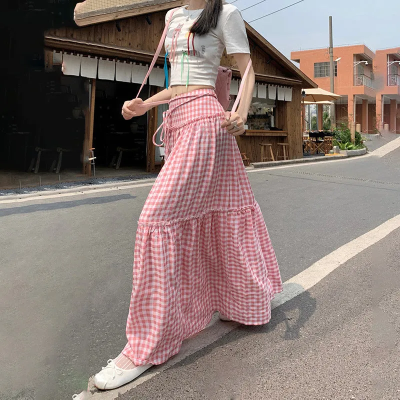 Amozae church outfit 2024 Summer New Pink Plaid Casual Umbrella Skirt Women's Niche Design Lace-up High Waist All-Match Fluffy Dress