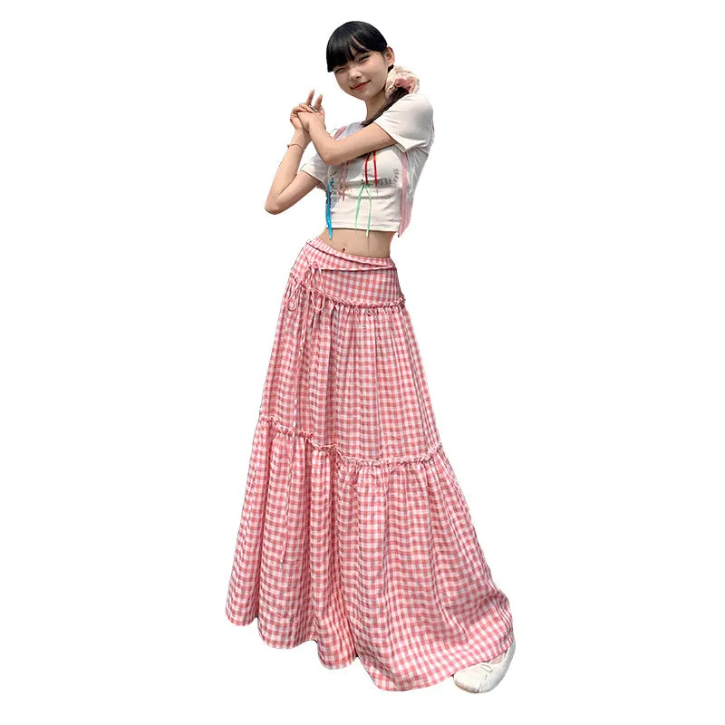Amozae church outfit 2024 Summer New Pink Plaid Casual Umbrella Skirt Women's Niche Design Lace-up High Waist All-Match Fluffy Dress