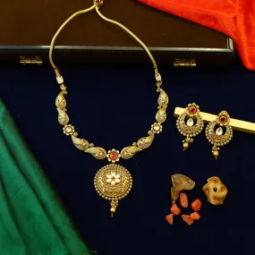 Antique Gold Finish Ruby Kundan Necklace Set