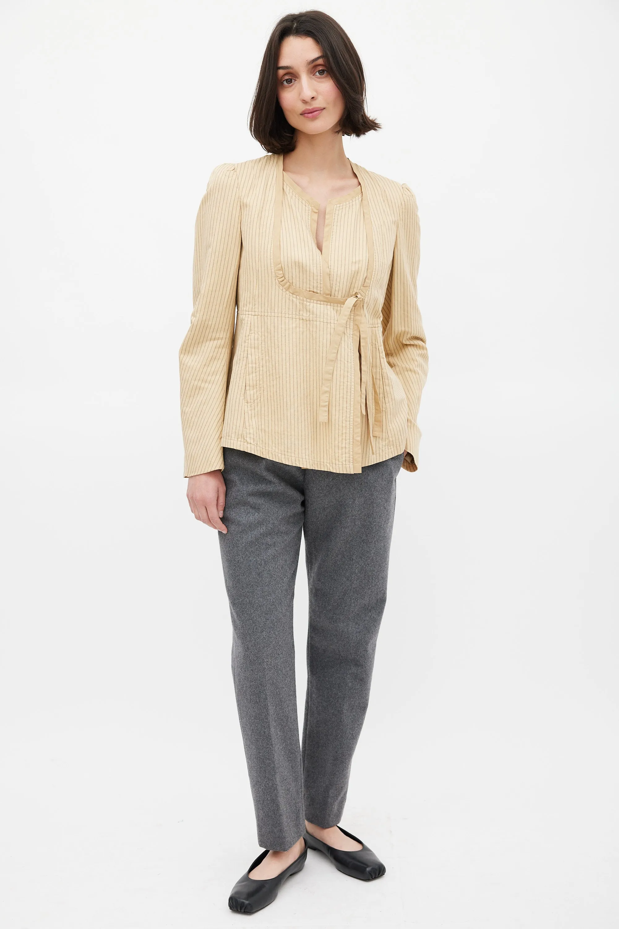 Beige Cotton & Linen Striped Tie Front Top