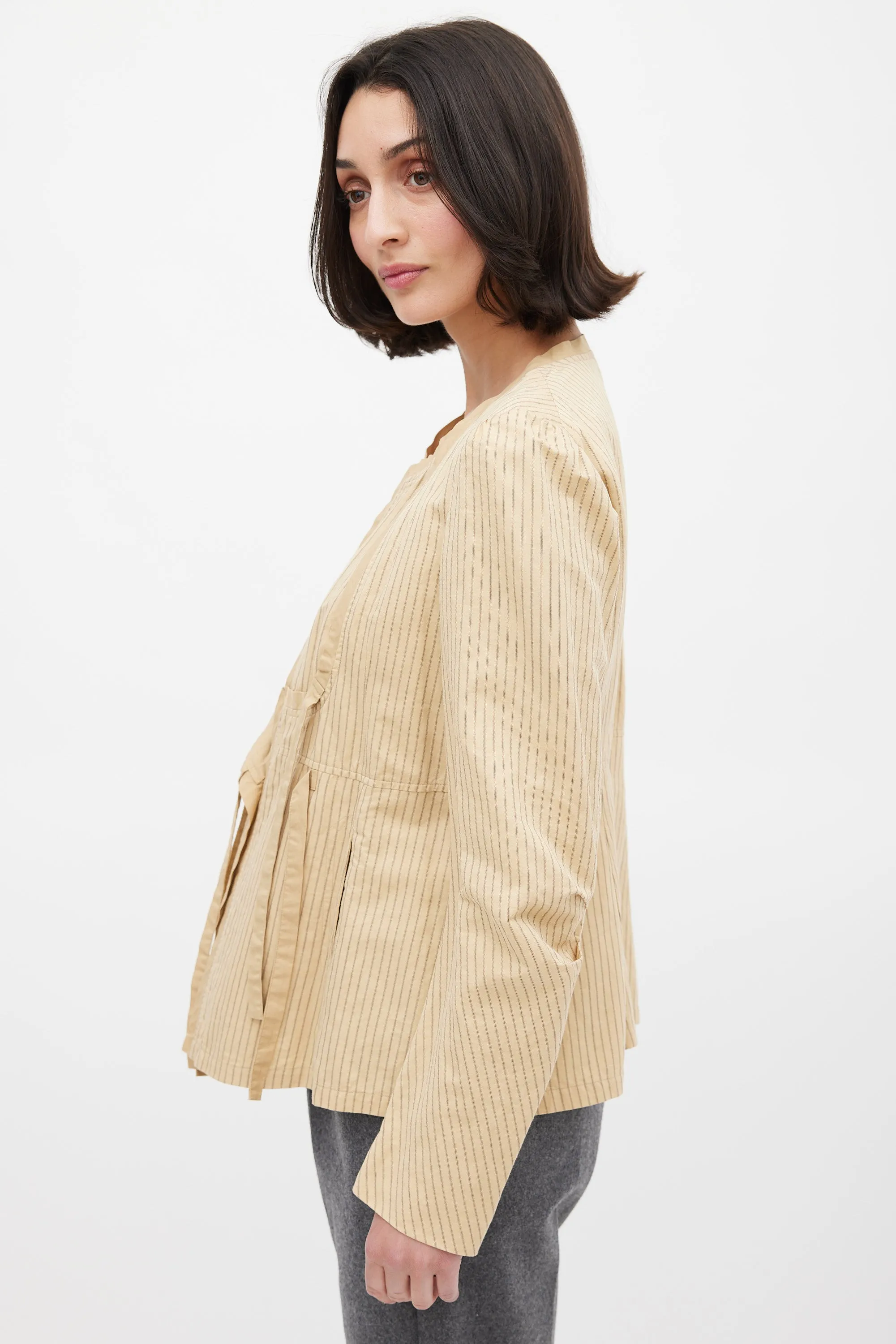 Beige Cotton & Linen Striped Tie Front Top