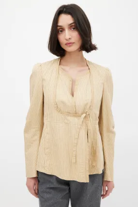 Beige Cotton & Linen Striped Tie Front Top