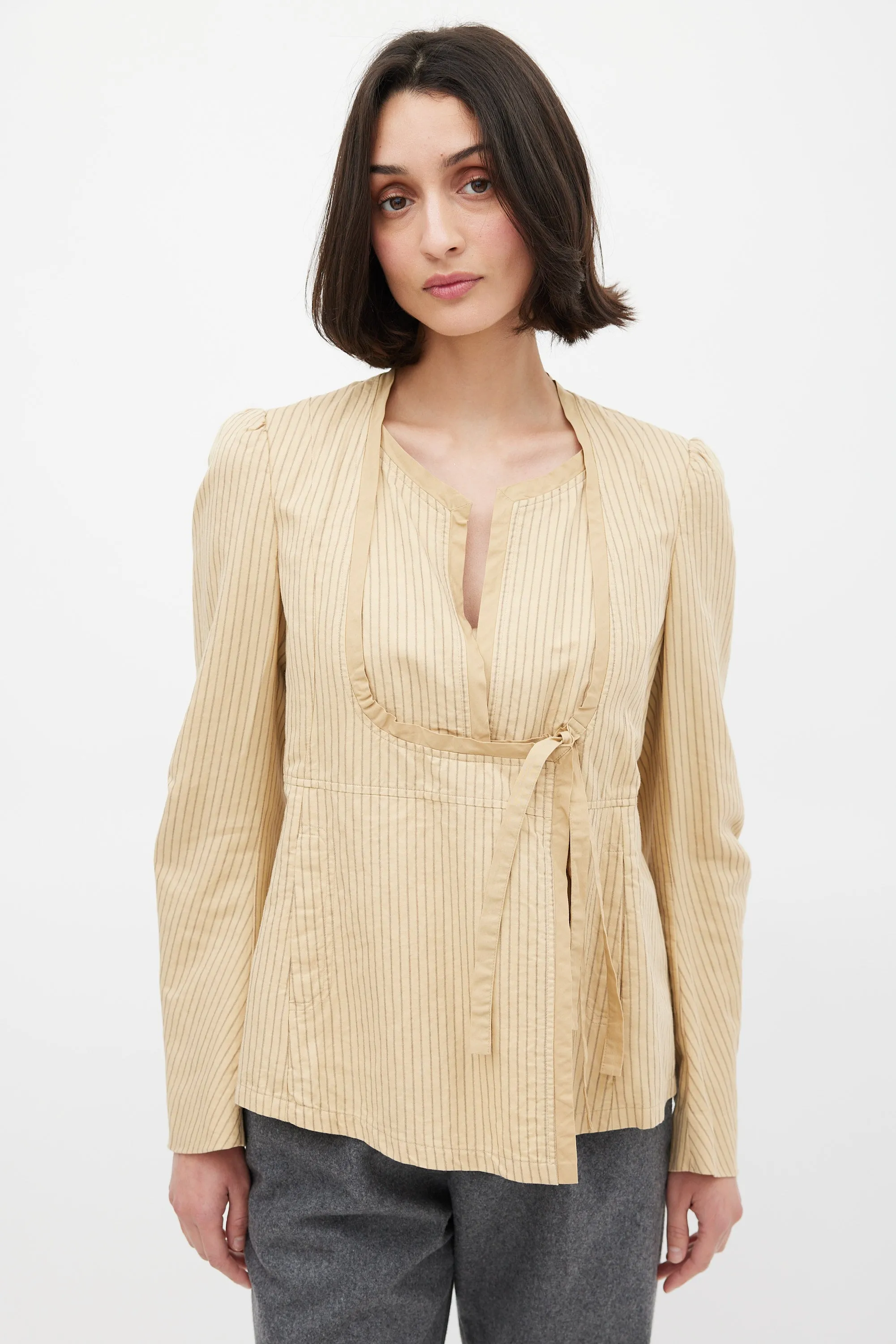Beige Cotton & Linen Striped Tie Front Top