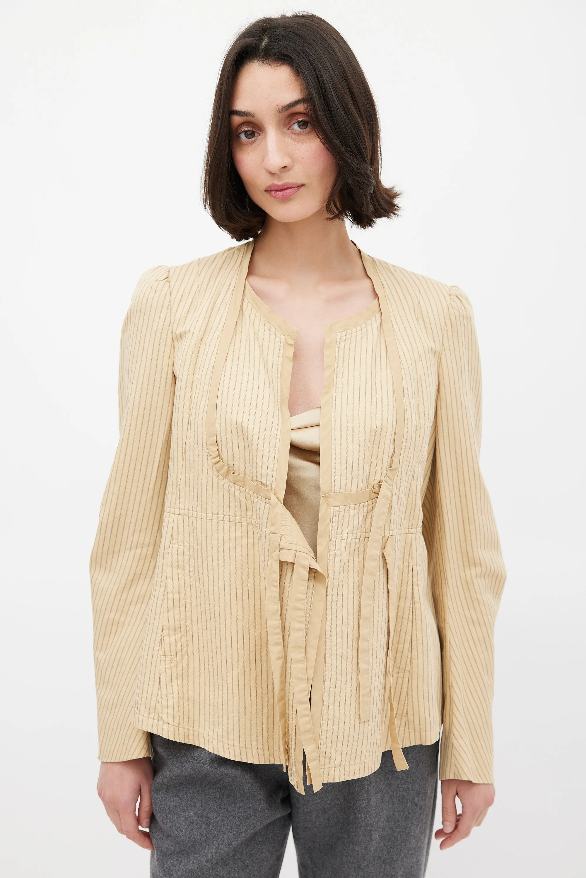 Beige Cotton & Linen Striped Tie Front Top