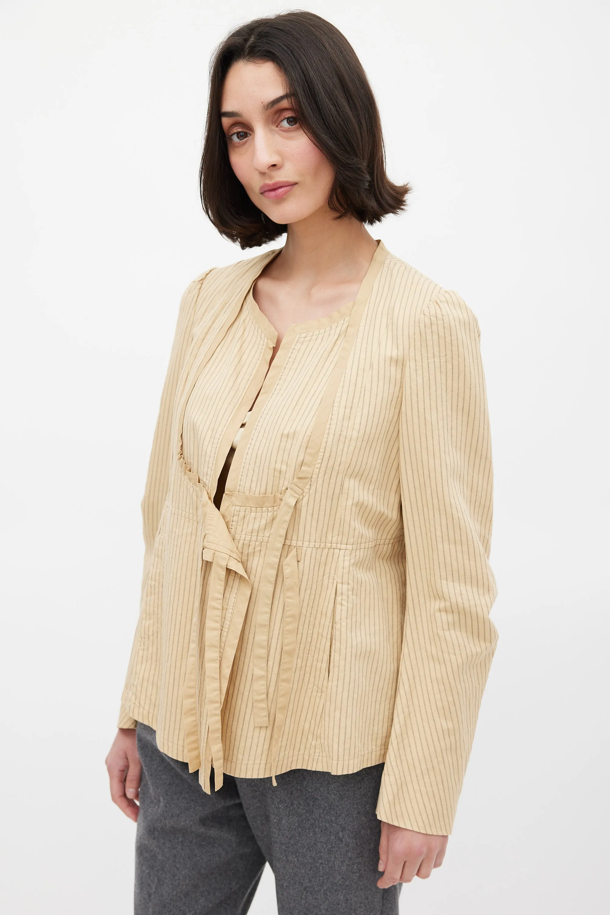 Beige Cotton & Linen Striped Tie Front Top