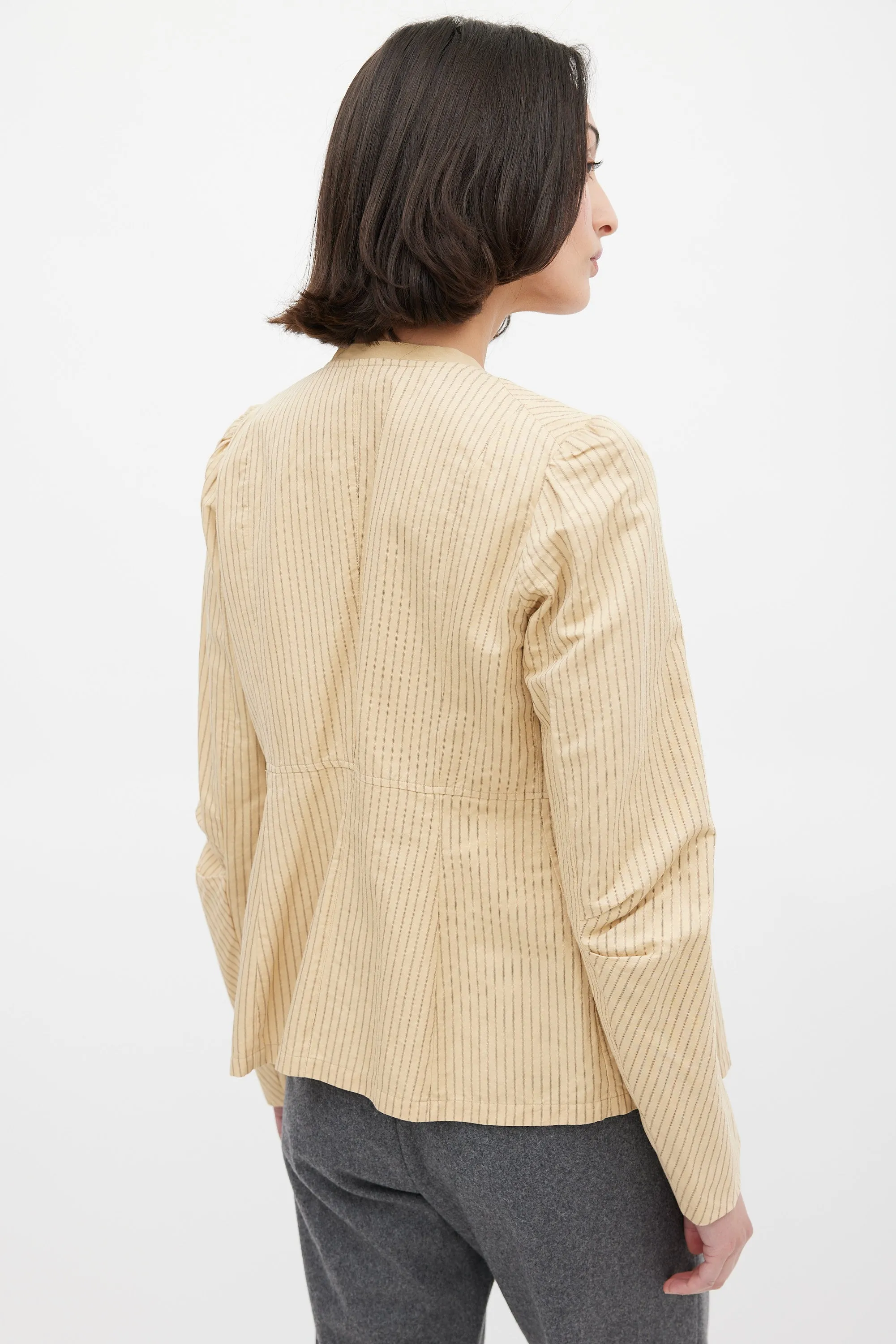 Beige Cotton & Linen Striped Tie Front Top