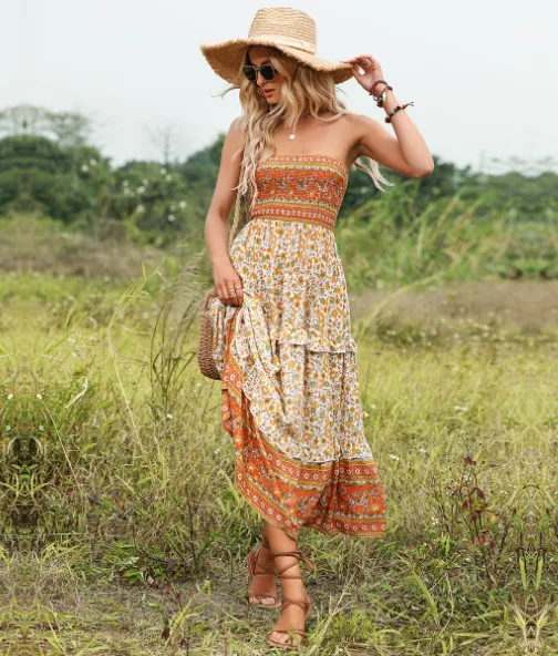 BerryBetty - 2Flounced Floral Skirt Bohemian Tube Top Dress
