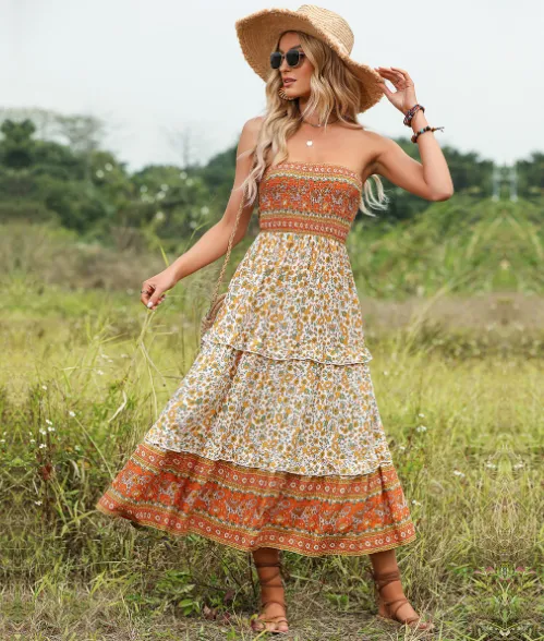 BerryBetty - 2Flounced Floral Skirt Bohemian Tube Top Dress