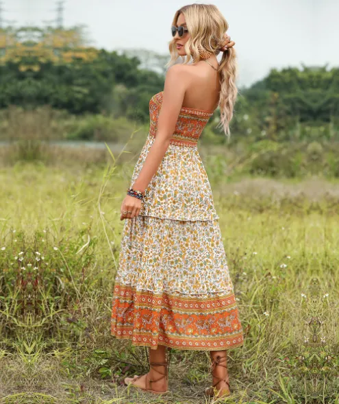 BerryBetty - 2Flounced Floral Skirt Bohemian Tube Top Dress