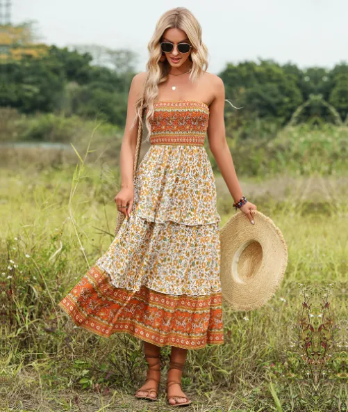 BerryBetty - 2Flounced Floral Skirt Bohemian Tube Top Dress