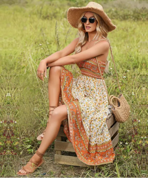 BerryBetty - 2Flounced Floral Skirt Bohemian Tube Top Dress