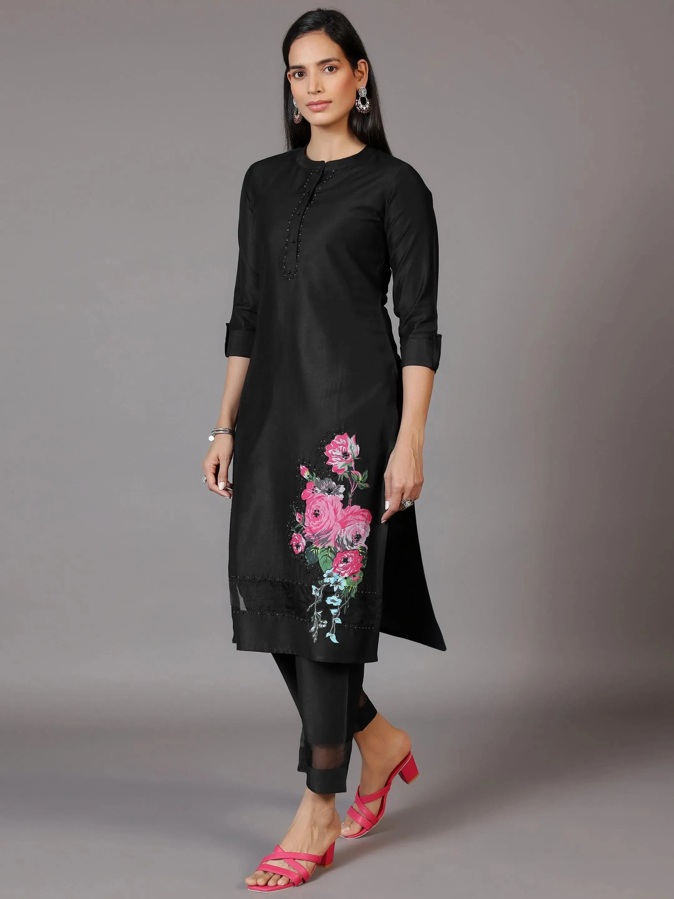 Black Self Design Silk Blend Straight Suit With Dupatta