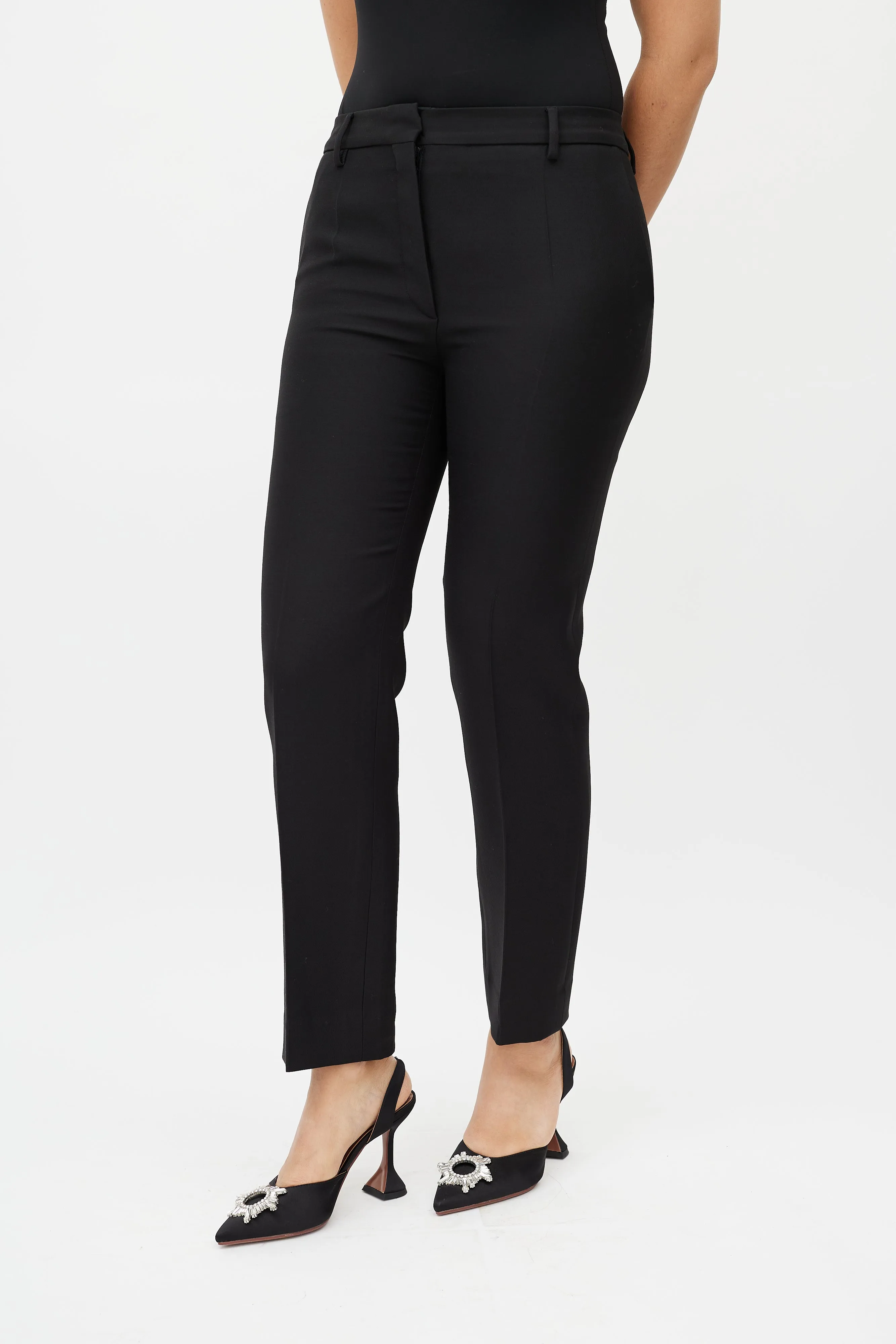 Black Wool Straight Leg Pleated Trousers