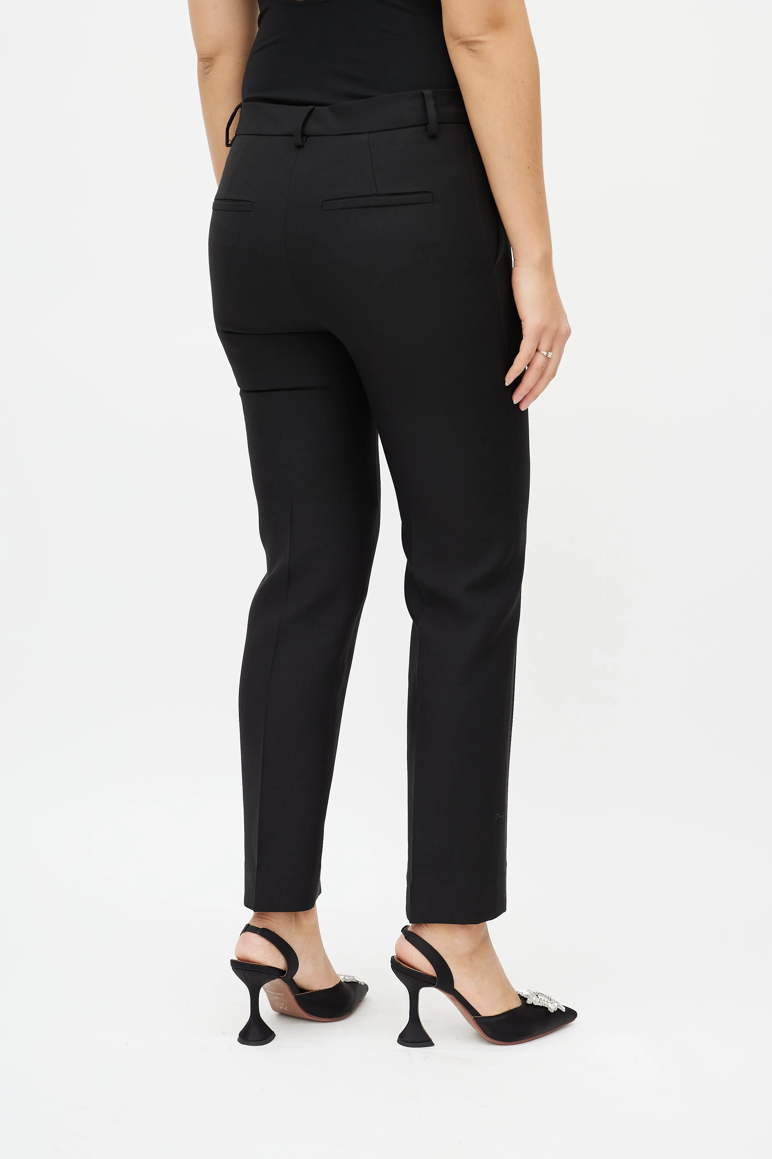Black Wool Straight Leg Pleated Trousers