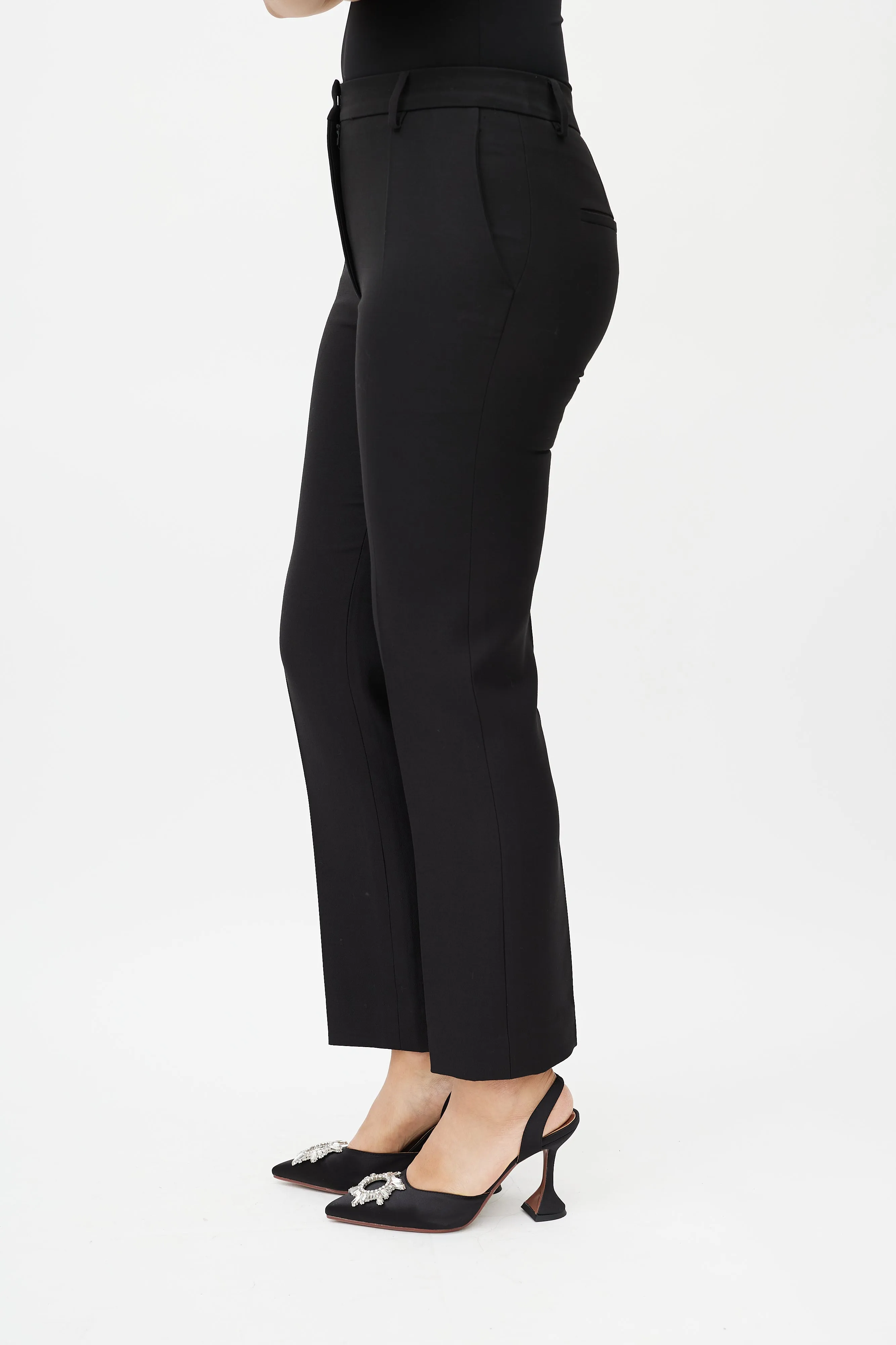 Black Wool Straight Leg Pleated Trousers