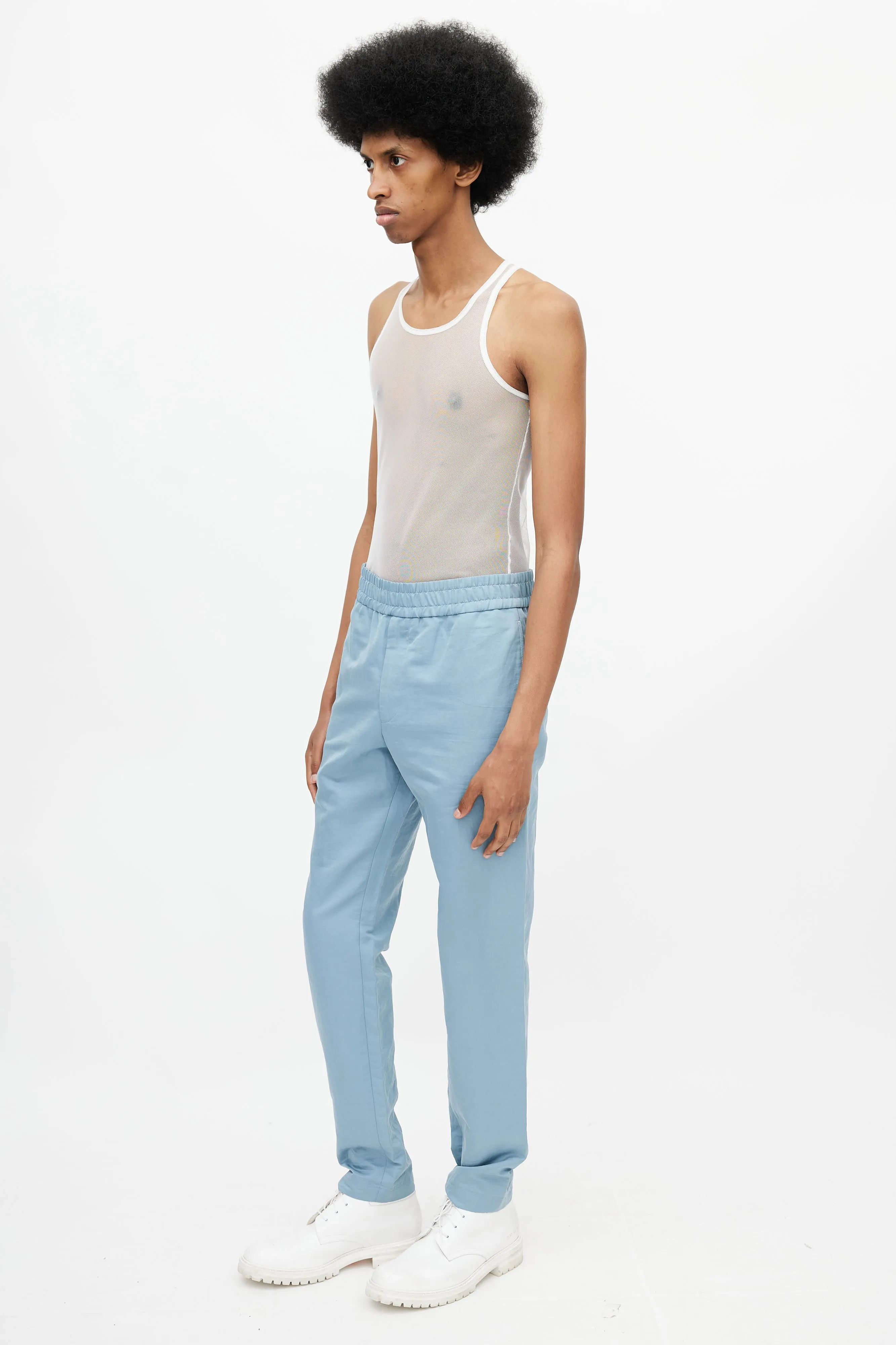 Blue Elasticized Straight Leg Trouser