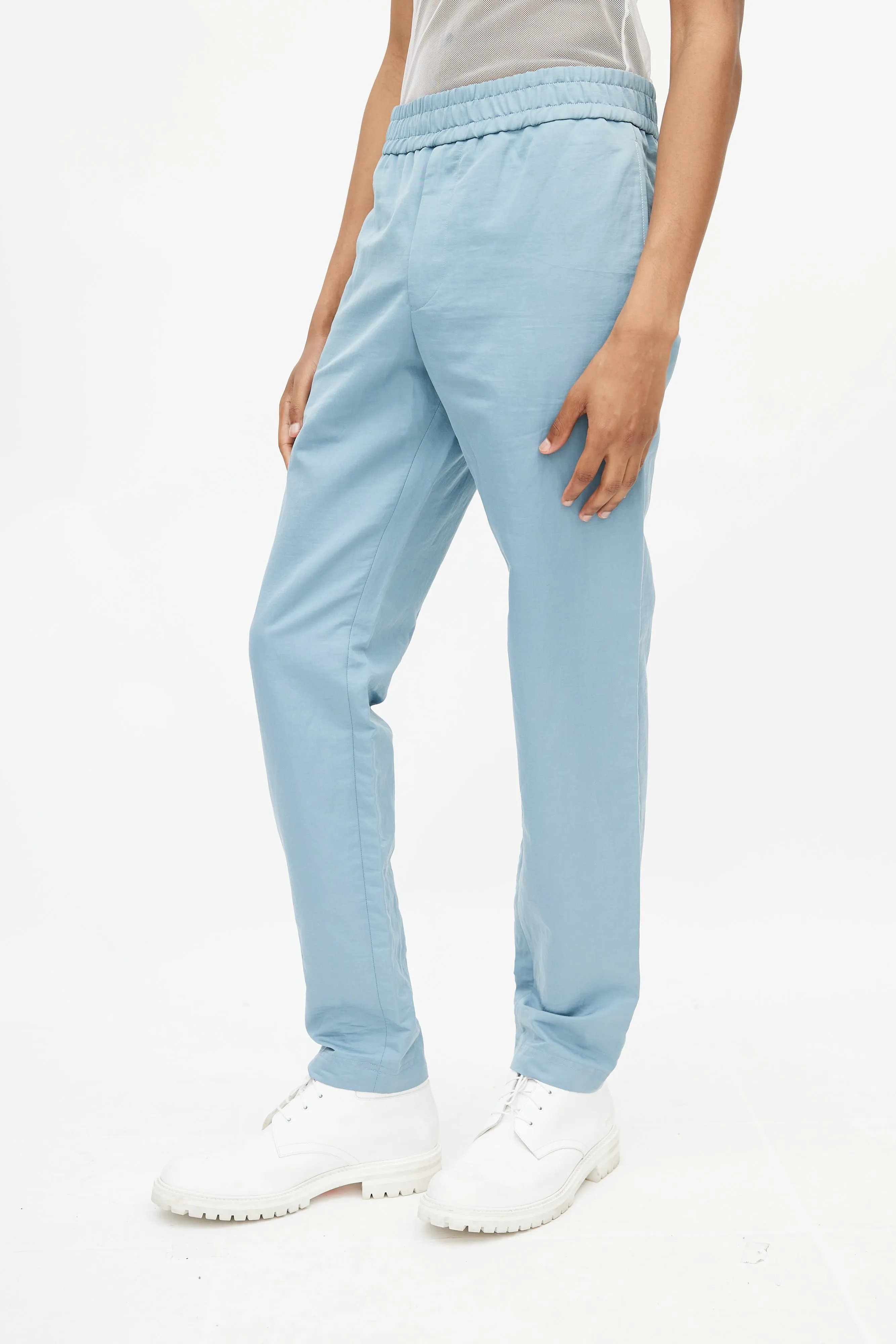 Blue Elasticized Straight Leg Trouser