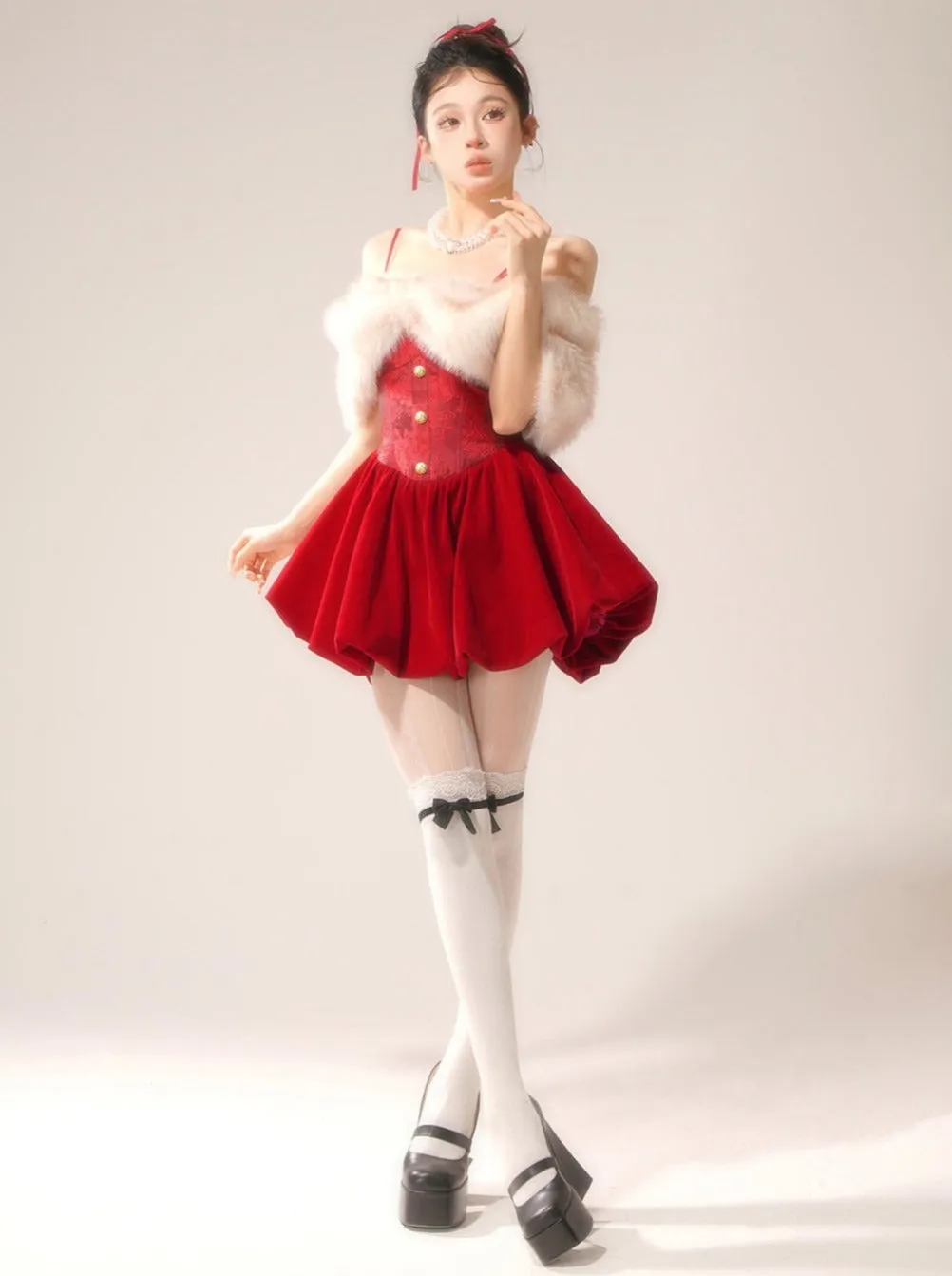 Camisole Balloon Princess Fur Off-the-shoulder Dress