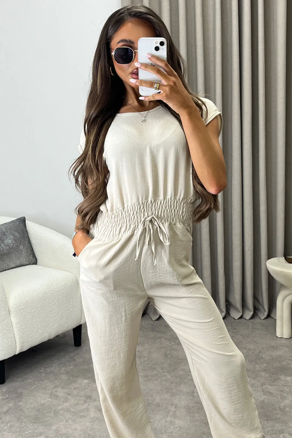 Chrisse Beige Short Sleeve Shirred Waist Jumpsuit