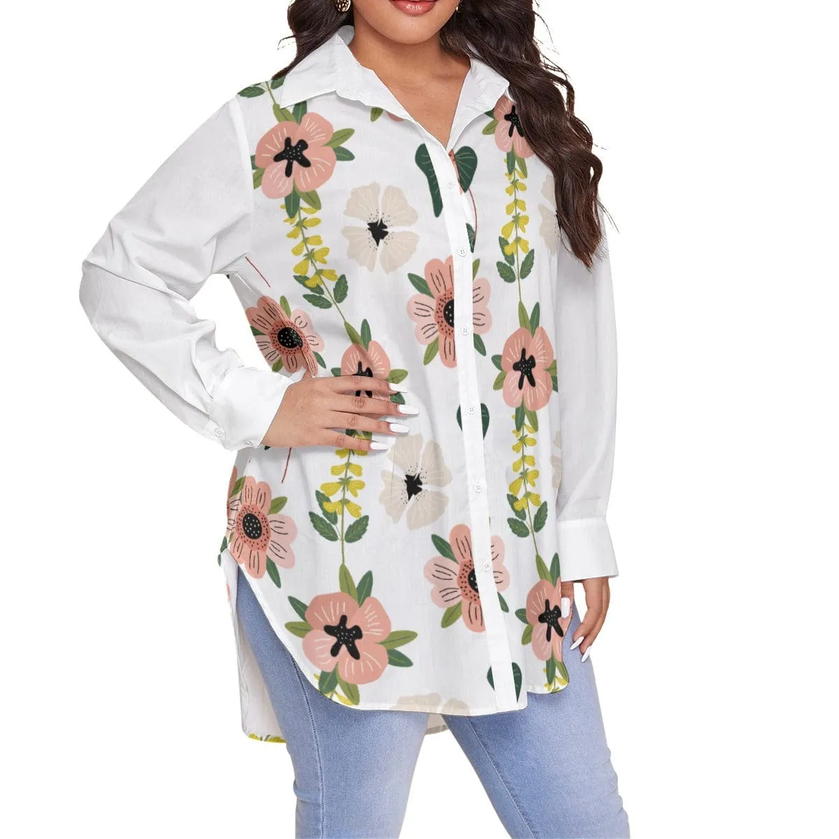 Coral Floral - Women's Shirt With Long Sleeve(Plus Size)
