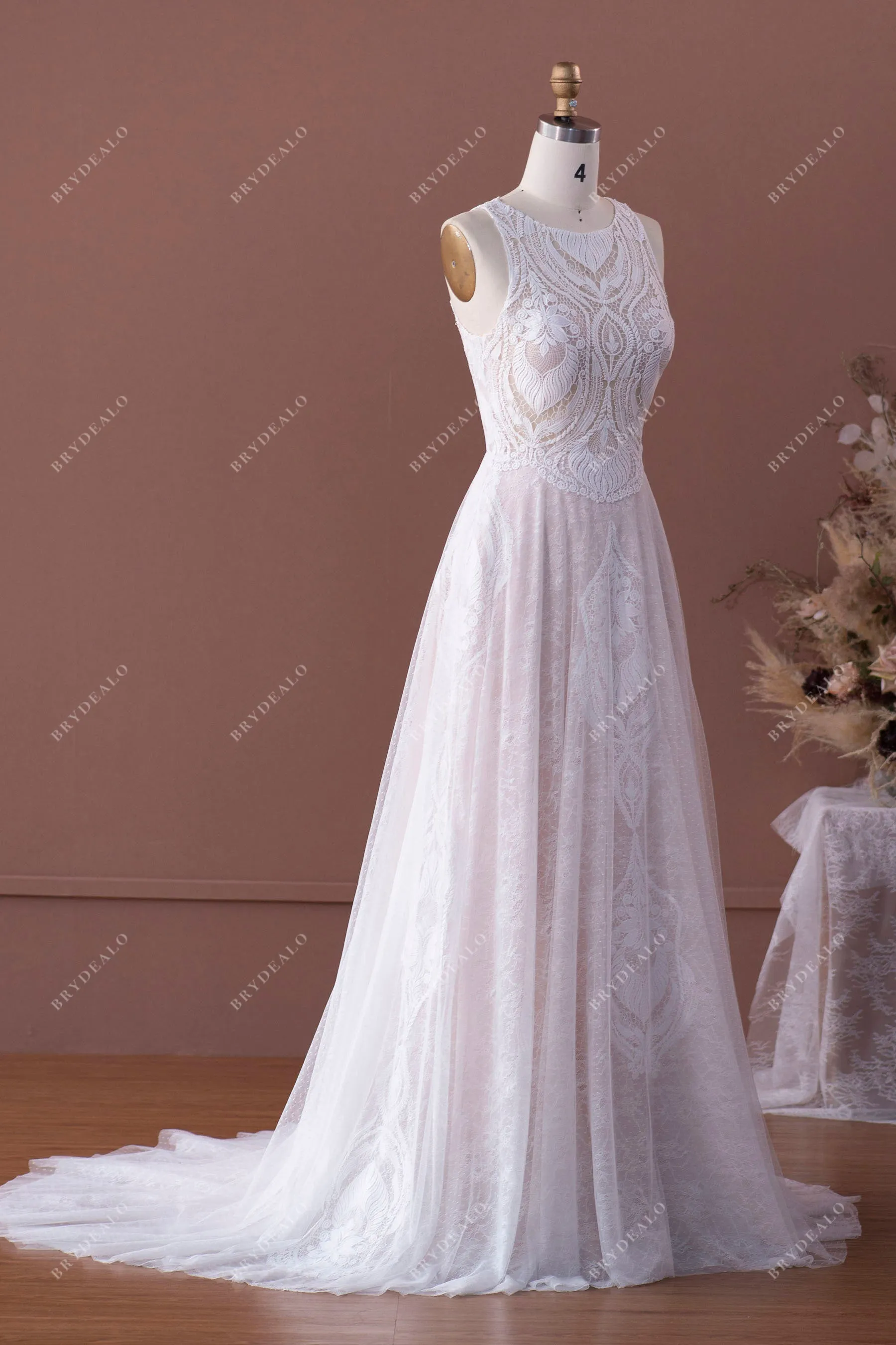 Designer Patterned Lace Sleeveless Wedding Dress