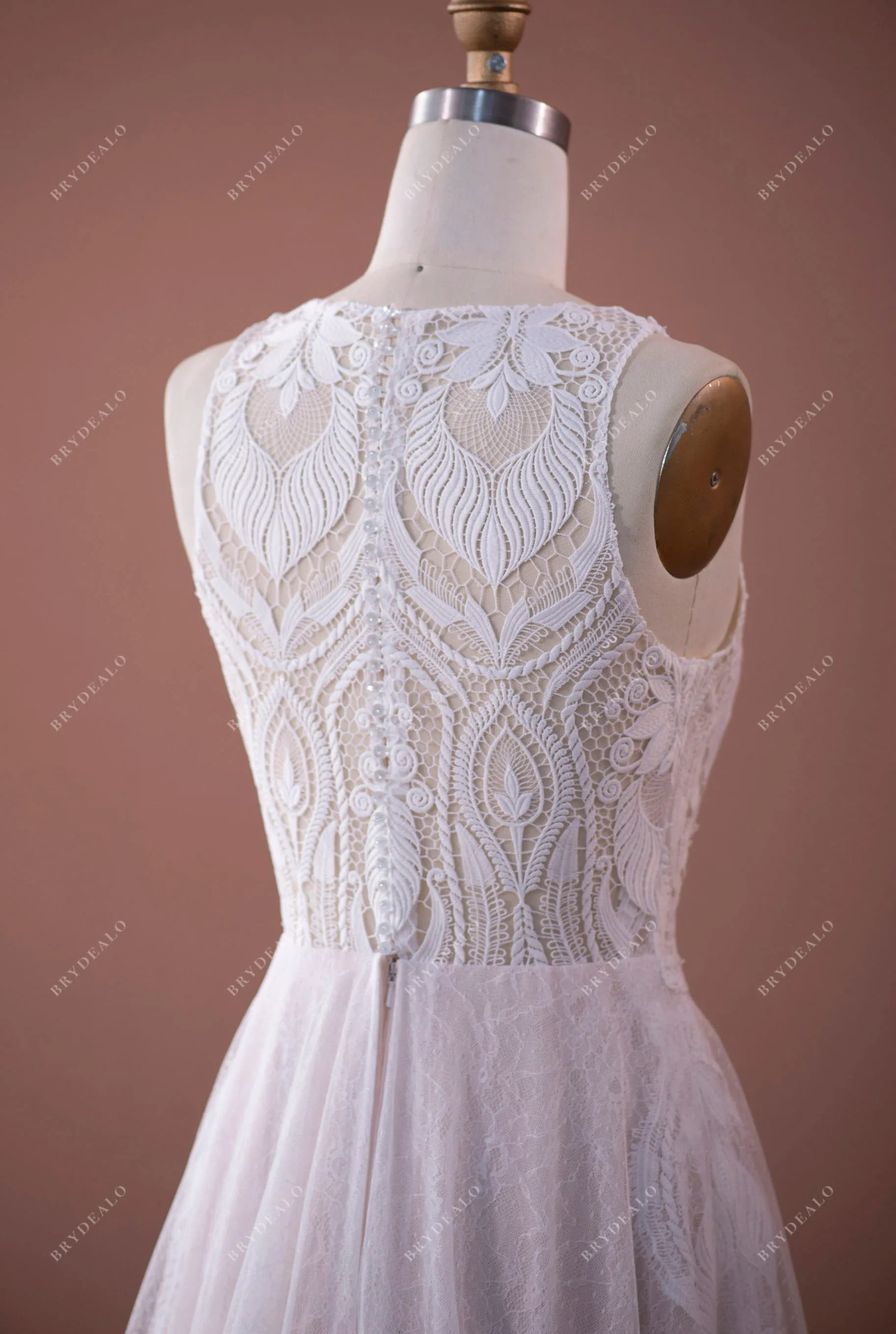Designer Patterned Lace Sleeveless Wedding Dress