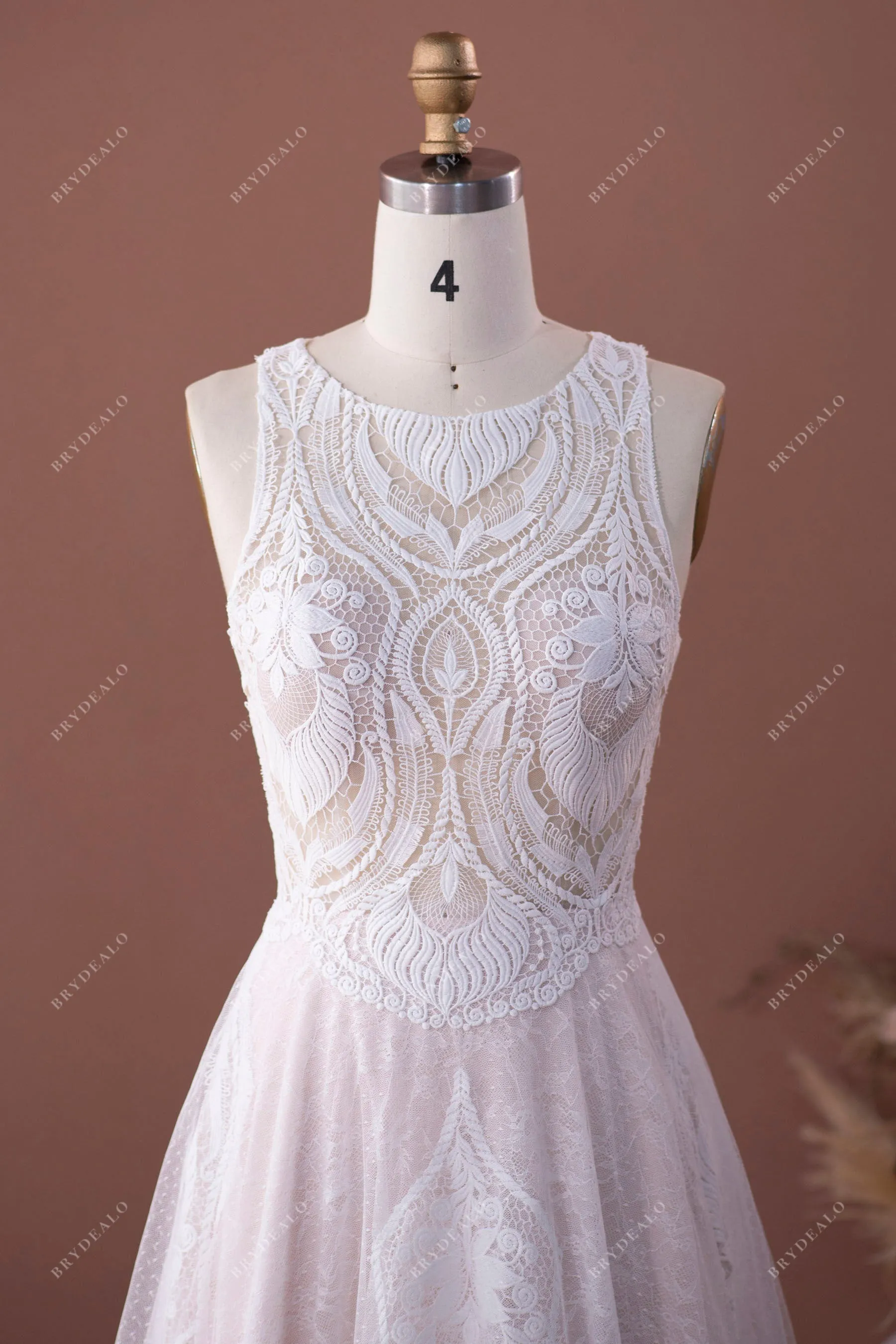 Designer Patterned Lace Sleeveless Wedding Dress