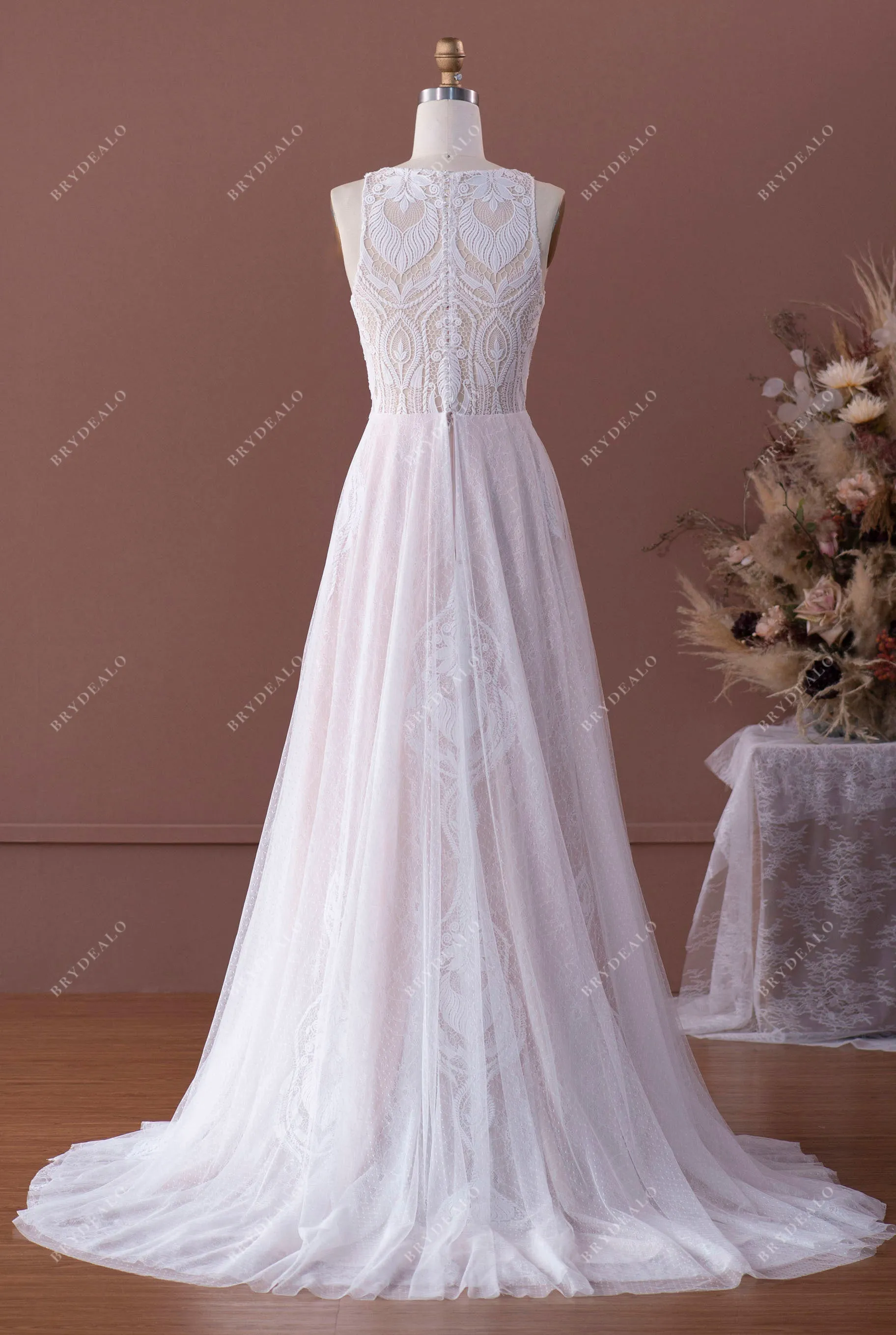 Designer Patterned Lace Sleeveless Wedding Dress