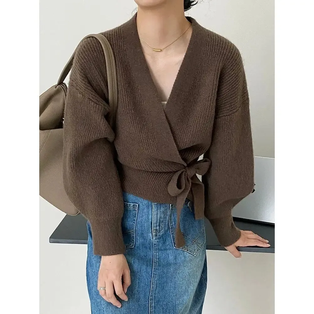 Early Autumn Bow Tie V-Neck Knit Women's Short High Waist Cardigan Sweater Coat Overlay Design Sense Top