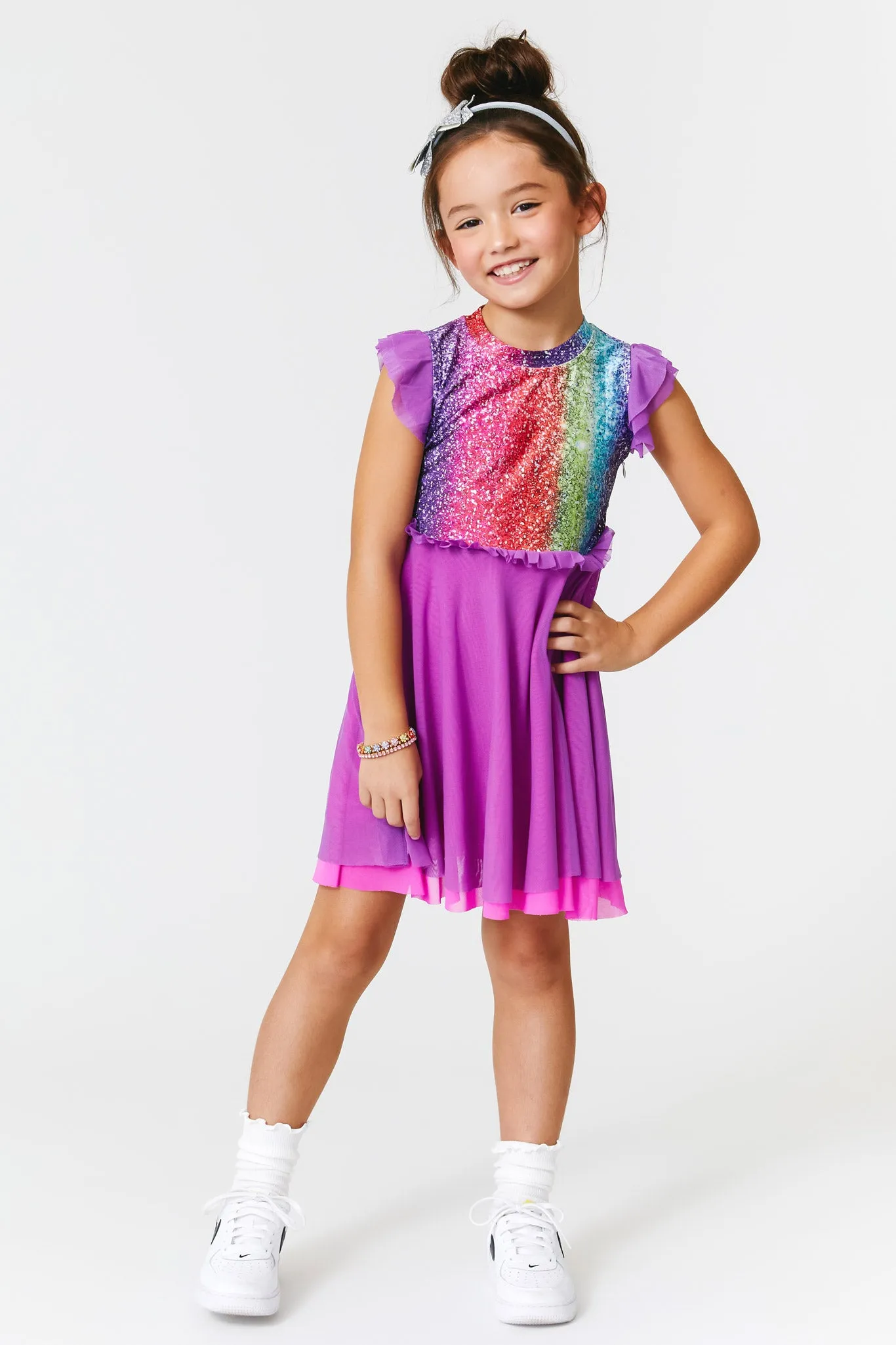 Girls Princess Dress in Rainbow Glitter Foil