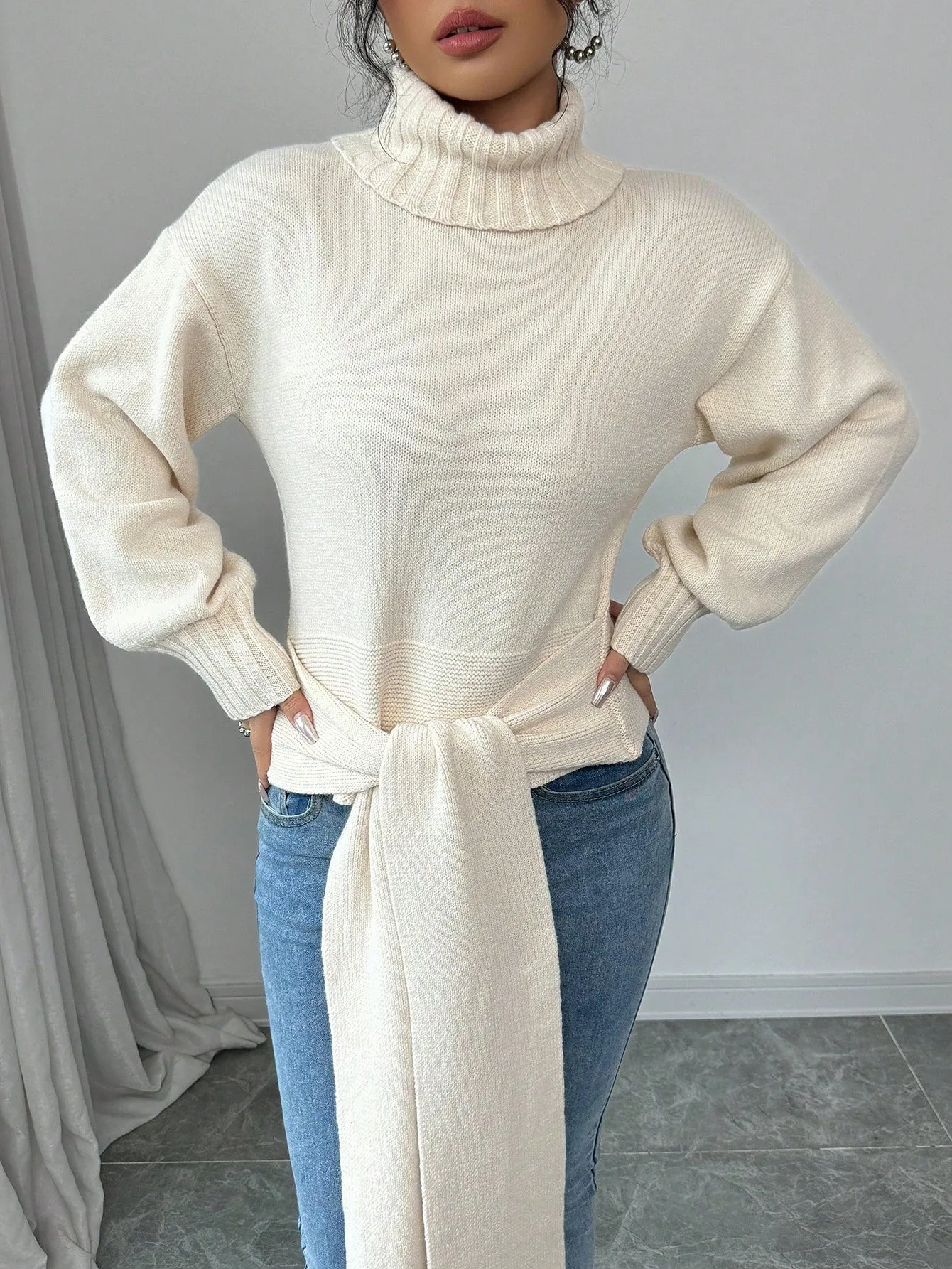 High Neck Bow Tie Pullover Sweater