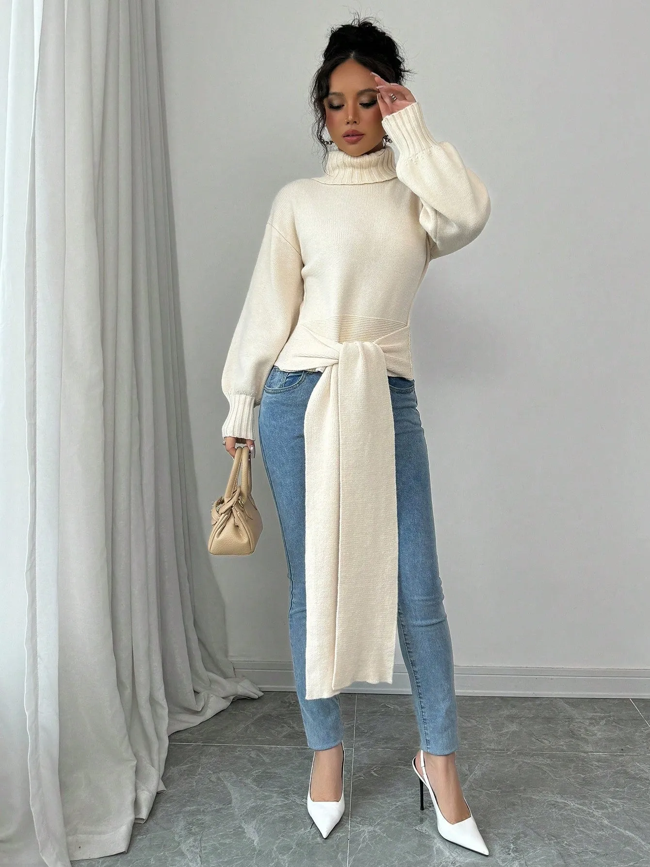 High Neck Bow Tie Pullover Sweater