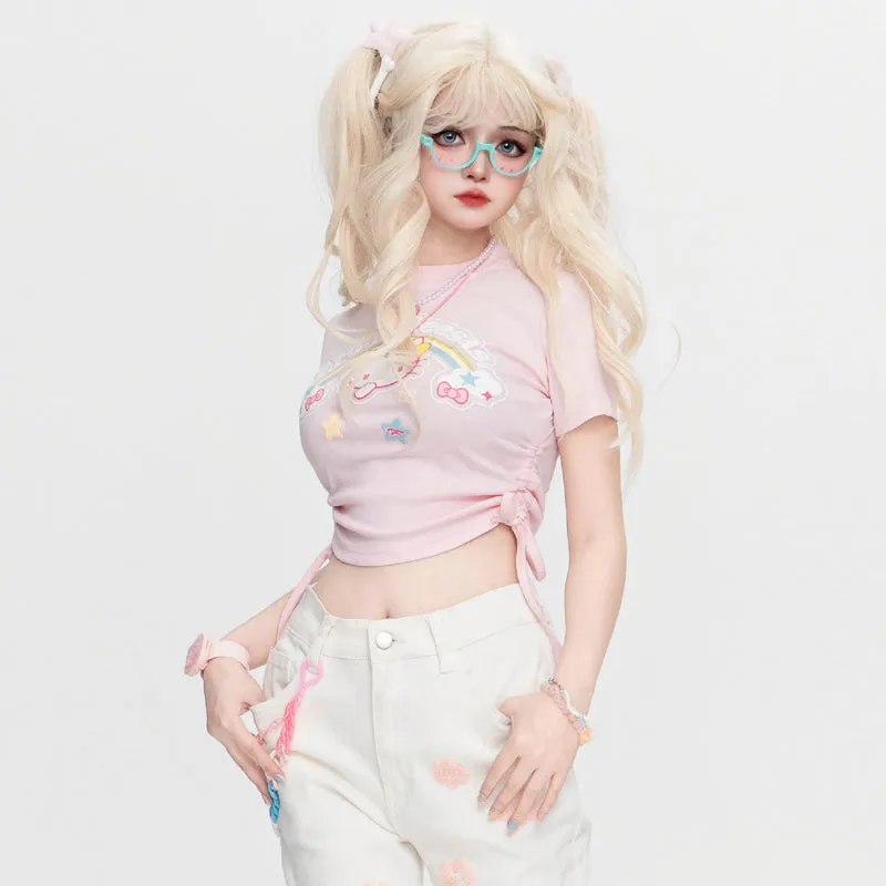 Kawaii Sweet Style Pink Hello Kitty Printed Round Neck T-shirt