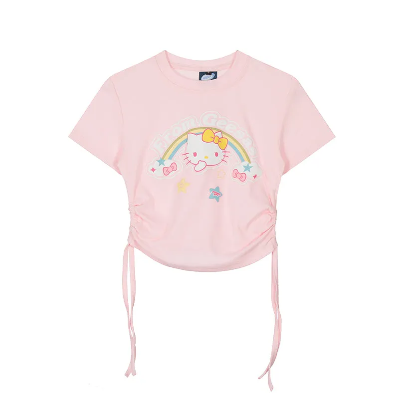 Kawaii Sweet Style Pink Hello Kitty Printed Round Neck T-shirt