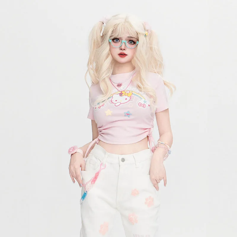 Kawaii Sweet Style Pink Hello Kitty Printed Round Neck T-shirt