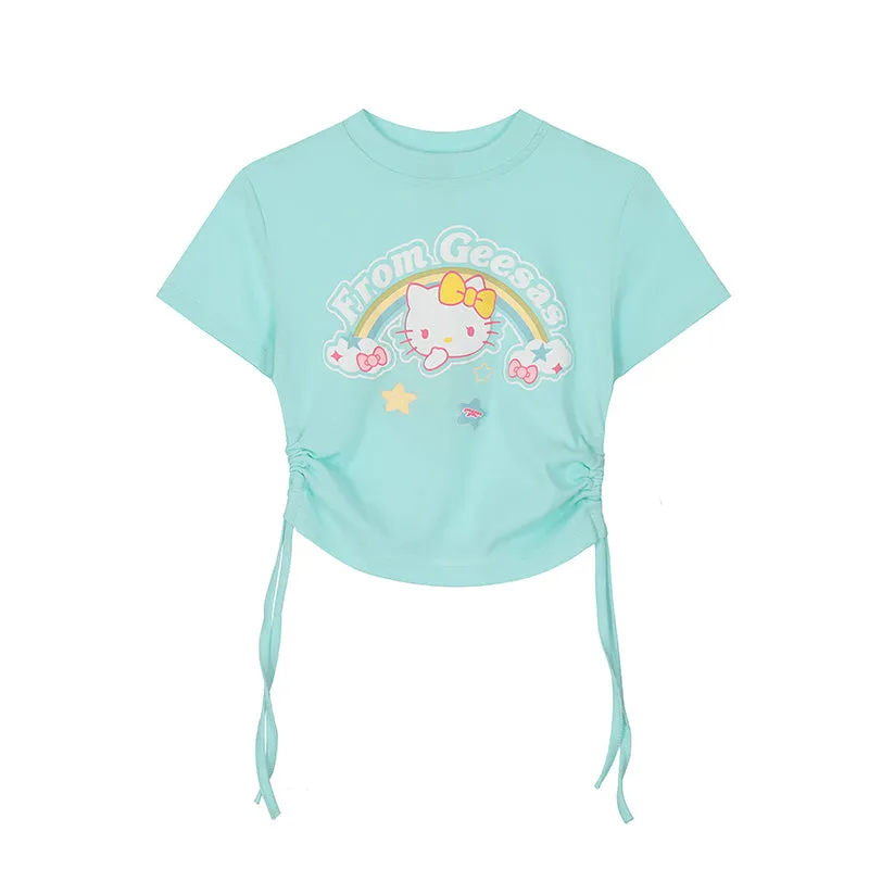 Kawaii Sweet Style Pink Hello Kitty Printed Round Neck T-shirt