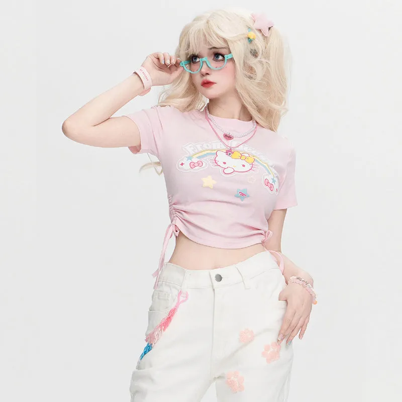 Kawaii Sweet Style Pink Hello Kitty Printed Round Neck T-shirt