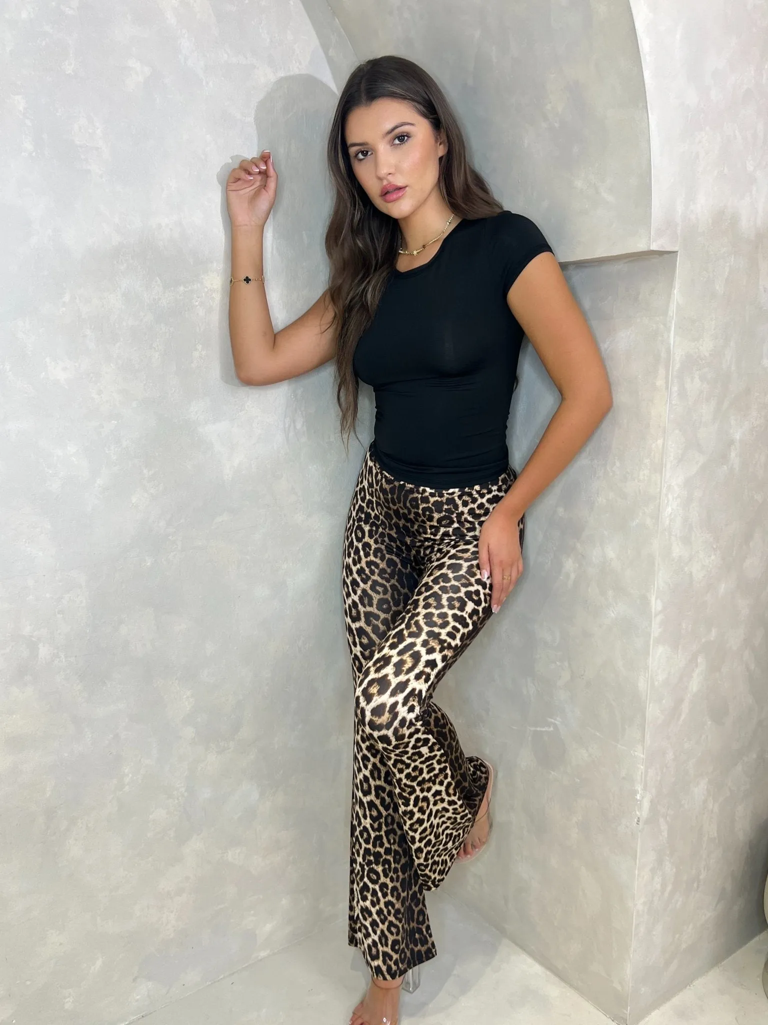 Leopard Print Slinky Flared Trousers