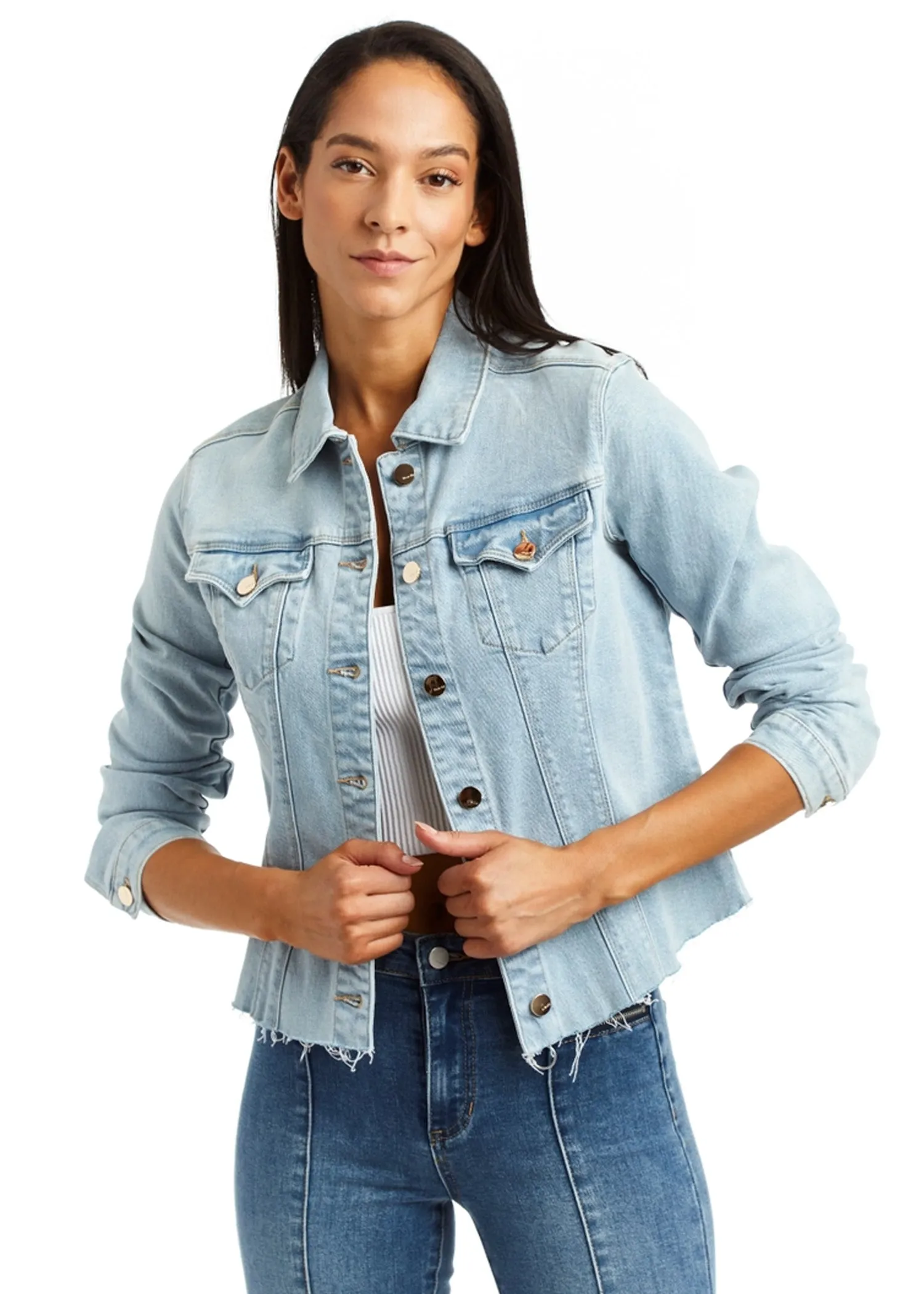 Loretta Denim Jacket with Fray in Light Indigo - Tractr Jeans