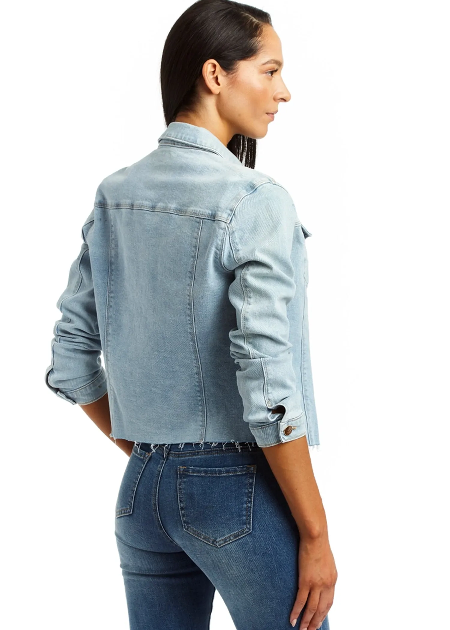 Loretta Denim Jacket with Fray in Light Indigo - Tractr Jeans
