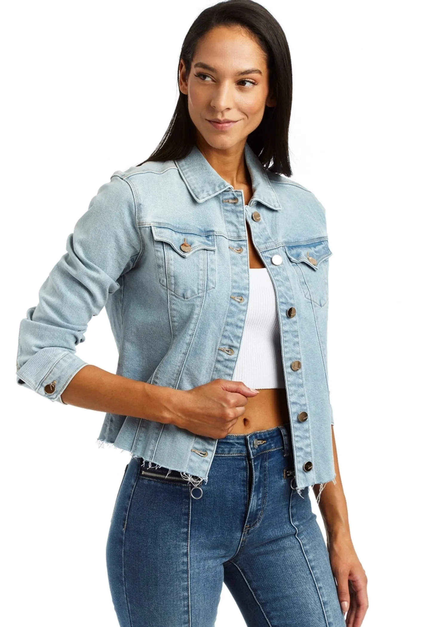 Loretta Denim Jacket with Fray in Light Indigo - Tractr Jeans