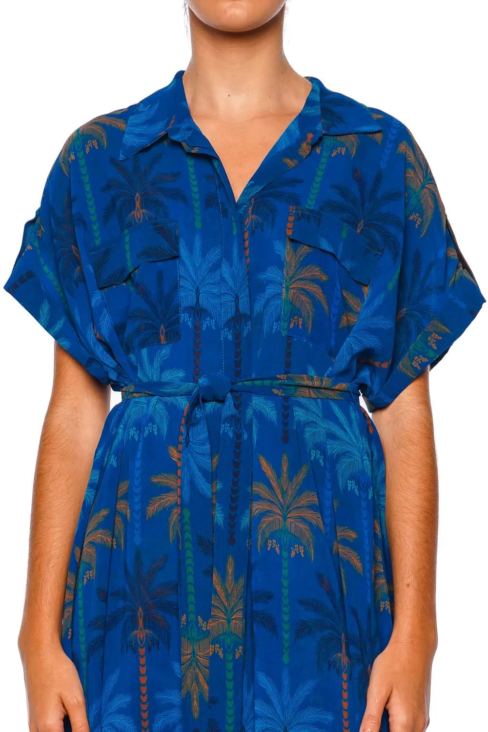 Lou Cobalt Palms Maxi Shirt Dress