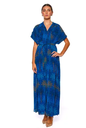 Lou Cobalt Palms Maxi Shirt Dress