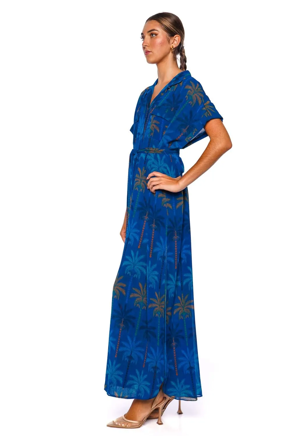 Lou Cobalt Palms Maxi Shirt Dress