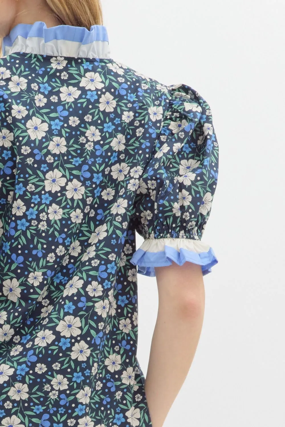 Navy Floral Puff Sleeve Dress