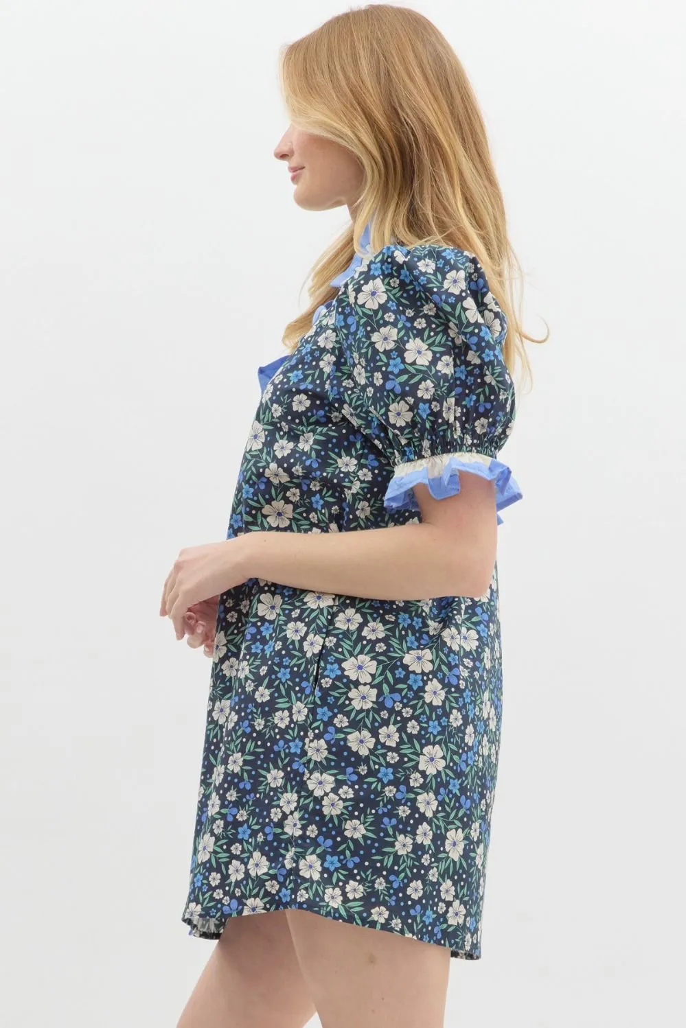 Navy Floral Puff Sleeve Dress